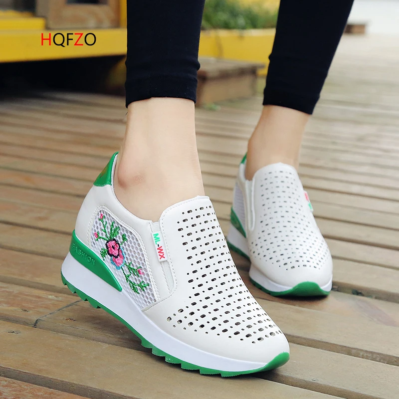 

HQFZO Casual High Heels Loafers Breathable Vulcanize Women Sneakers PU Round Toe Embroider Platform Wedge Tenis Feminino