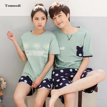 Для мужчин Для женщин парная Пижама хлопковые пижамы с короткими рукавами, летняя пижама из тонкой ткани Для женщин лаунж-Пижама комплект