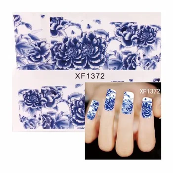 YZWLE 1 Sheet Watermark Nail Art Stickers Chic Blue Flower Water Transfer Tips Decals For Nails Beauty Temporary Tattoos Tools