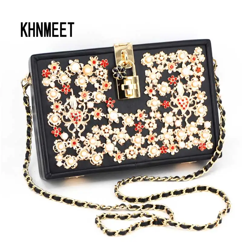 

Black Crystal Diamond Pearl Clutch Bag Fashion Chain Box Shoulder Bag Lock Flap Evening Bag Women's Pu Fashion Handbags Z914