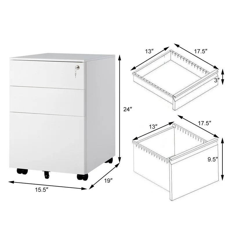 3 Drawer Filing Cabinet Locking Pedestal Desk Lockable File