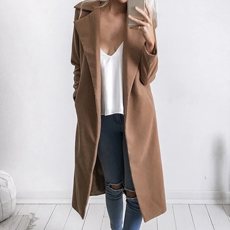 Женское осенне-зимнее однотонное пальто с длинным рукавом и отложным воротником, верхняя одежда с карманами, приталенное повседневное женское пальто с открытым швом, размер плюс 3X 6Q0256