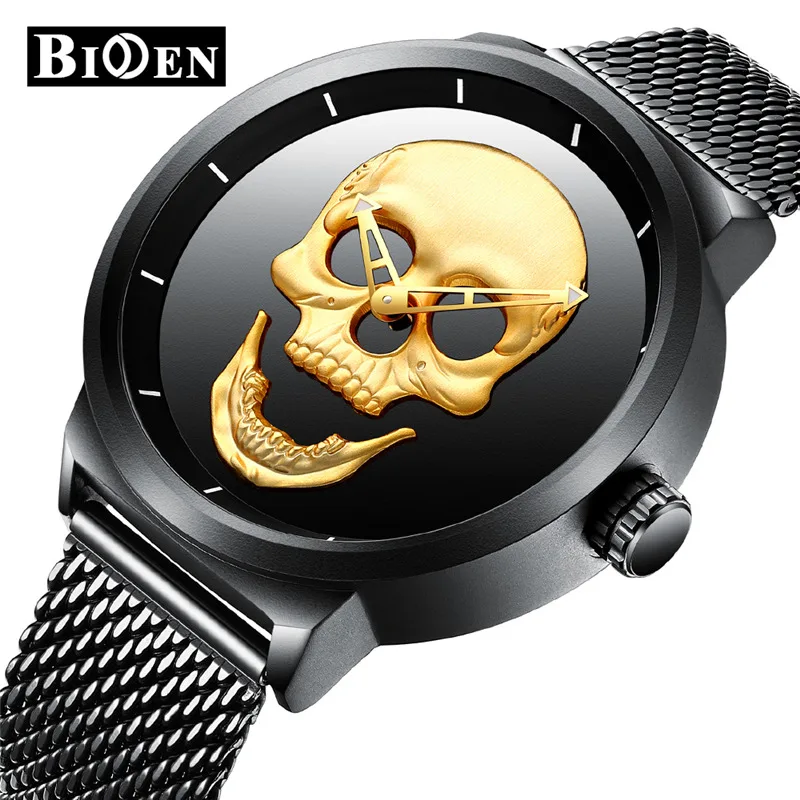 

BIDEN Cool Punk 3D Skull Men Watches Luxury Mesh Steel Vintage Quartz Clock Male Military Watch Skull Relogio Masculino