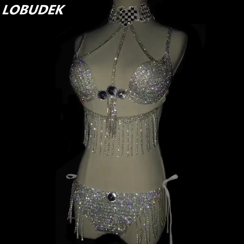 

Shining Glass Rhinestones Bikini Bra Suit Bling Diamond Model Catwalk Costume Bar Club Female DJ Singer Pole dance Stage Outfit