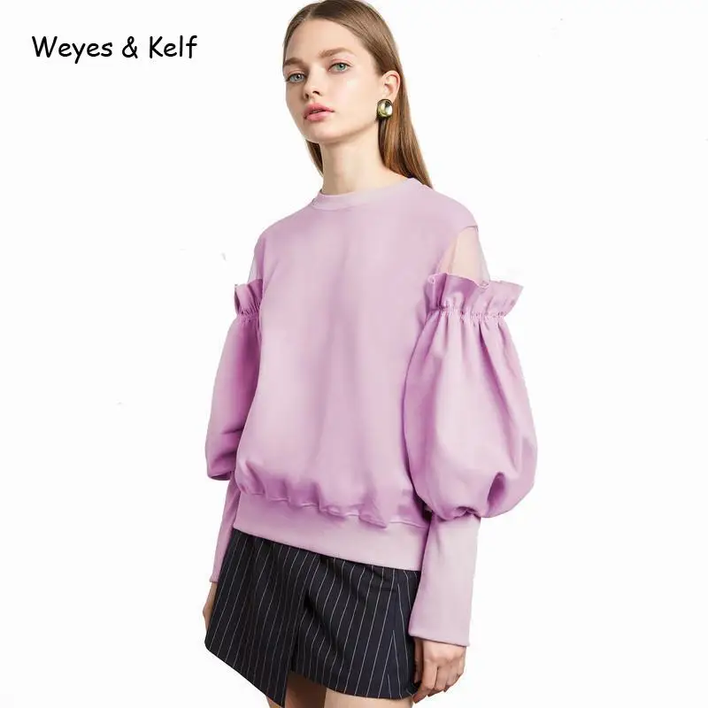 Weyes и кепф бабочка с открытыми плечами фиолетовый пуловеры Для женщин Мода 2017 г. милые Фонари рукав толстовка Повседневное круглым вырезом
