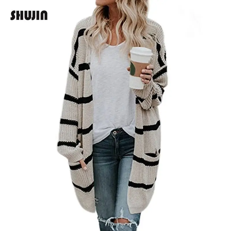 

SHUJIN 2018 Autumn Cardigan Women Open Stitch Knitted Striped Cardigan Sweater Female Jumper Coat Plus Size Clothes Outwear