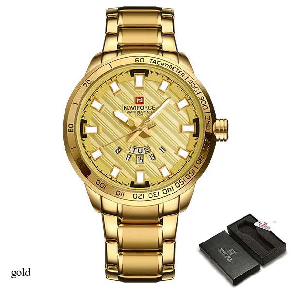 Мужские кварцевые часы NAVIFORCE, роскошные спортивные часы, деловые серебристые стальные часы, 30 м, водонепроницаемые наручные часы Reloj Hombre - Цвет: gold box