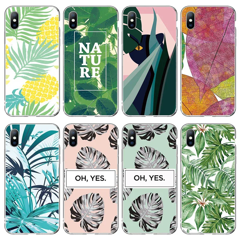 

USLION Phone Case For iPhone X XS XR Xs Max Summer Green Leaves Transparent Soft TPU Back Cover For iPhone 5 5s SE 6 6s 7 8 Plus