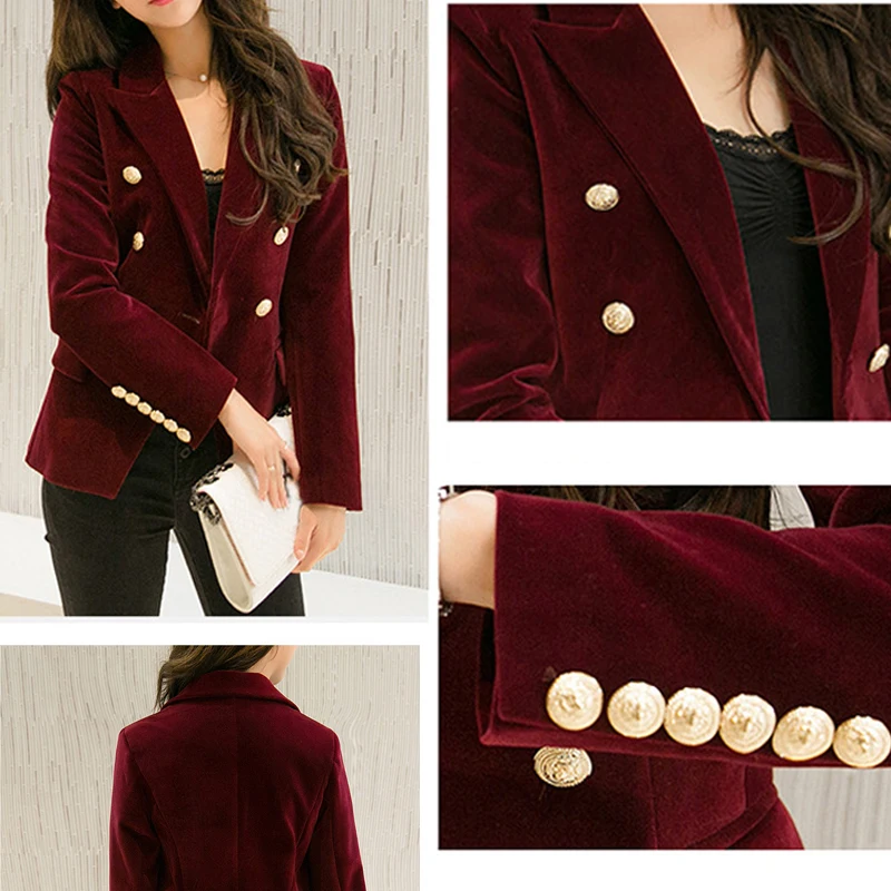 Velvet Women's Jacket Blazer Coat Solid Double Breasted Office Blazer Women Long Sleeve Blazers Female Outwear Slim Work Suit