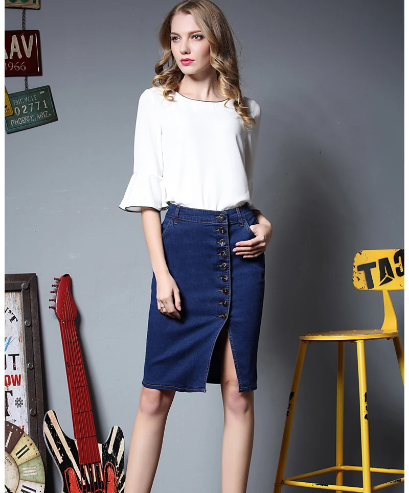 Джинсовая юбка с высокой талией женские джинсовые юбки на пуговицах длиной до колена A-link карандаш Harajuku юбка летние сексуальные юбки-карандаш с разрезом синие