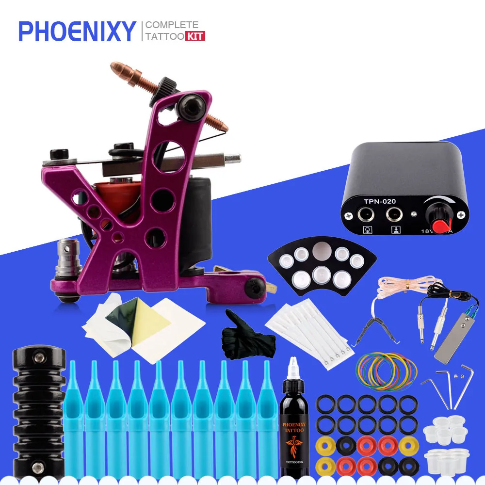 Starter Tattoo Kit 10 Wrap Coils Guns Black Color Ink Sets Power Supply Needles Permanent Cheap