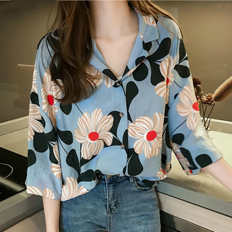 

women's summer blouses 2019 short sleeve plus size women shirts floral print chiffon blouse shirt womens tops and blouses A55