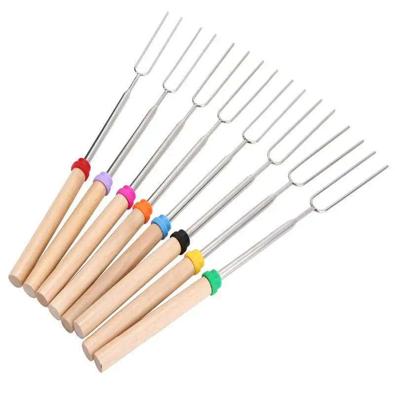 8pcs Stainless Steel Telescopic Roasting Sticks with Wooden Handle Marshmallow Sticks Roasting