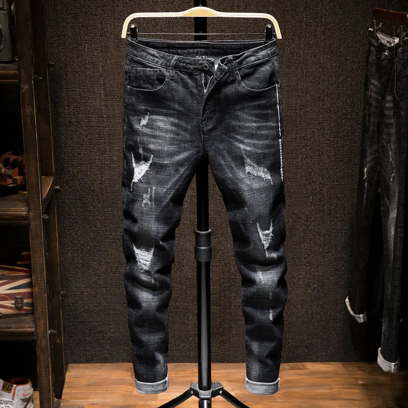 Men's Loose Straight Barrel Elastic Trend in Spring 2019 Puncture Patch Jeans Men's MP347