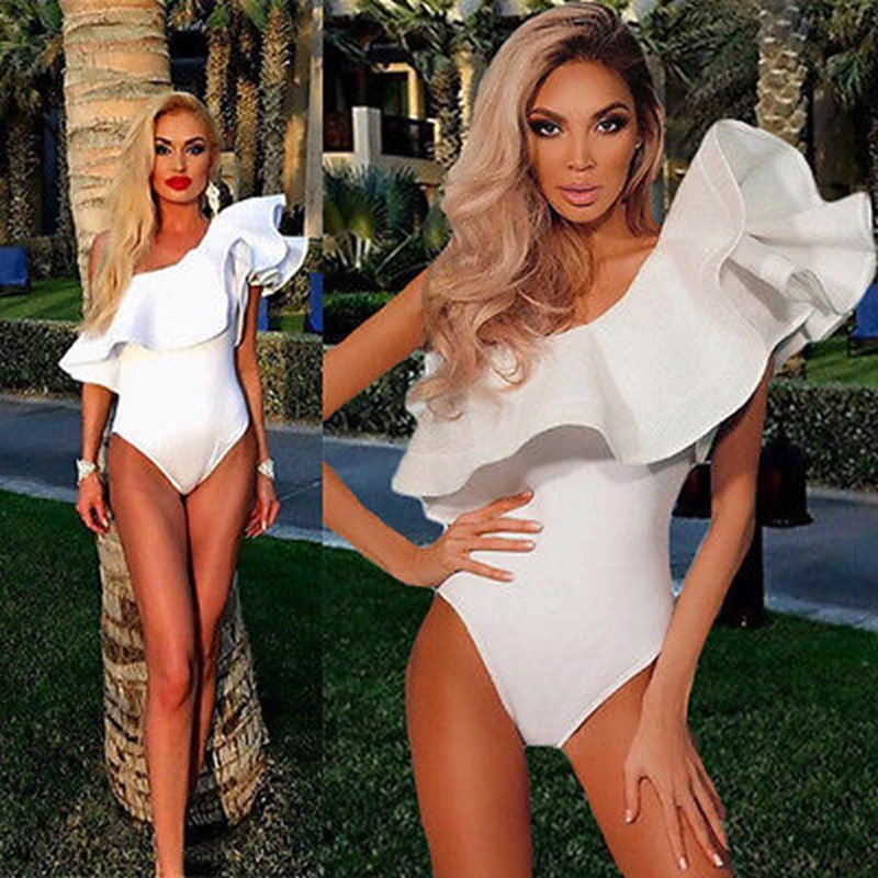 

Women Sexy One Shoulder Ruffled Bodysuit Leotard Tops Romper Jumpsuit