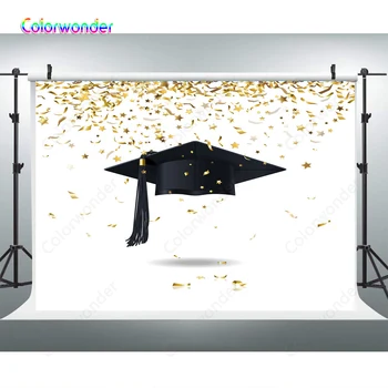 

Photography Backgrounds Black Dr. Cap with Golden Ribbon with Twinkle Stars 7x5ft White Backdrops for Graduation School Decor