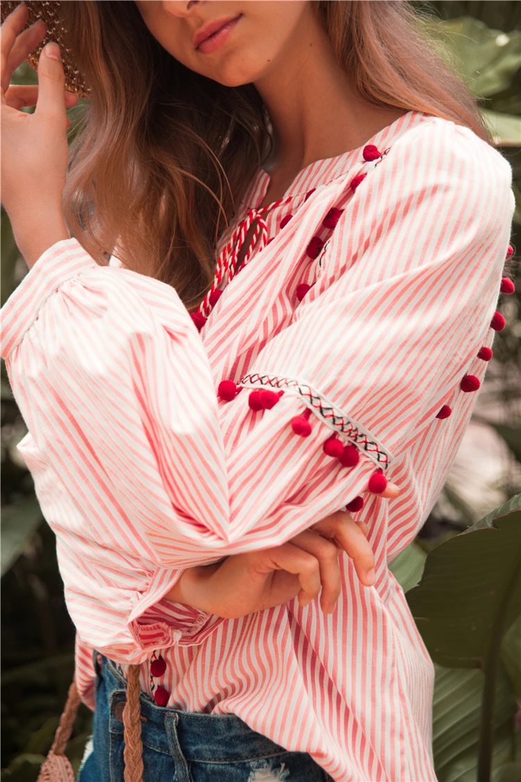 Khale Yose летние рубашки для женщин с длинным рукавом Свободные вышивка Boho Топы и блузки хиппи шик полоса Женская хлопчатобумажная блузка