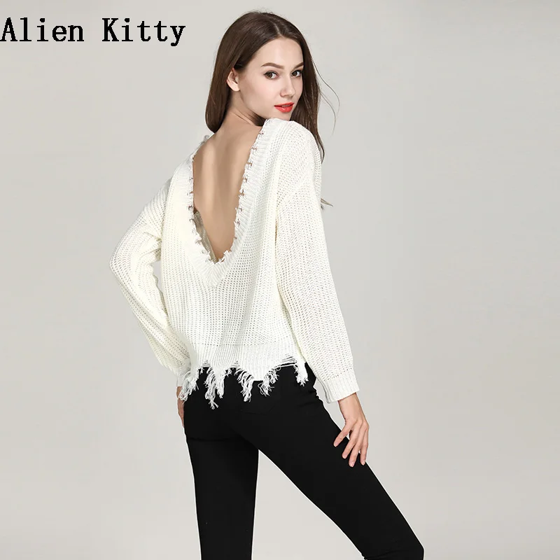 

Alien Kitty 2018 Autumn Winter Sweater Women Full Sleeve Loose Knitted Pullovers Sexy Backless Solid Tassel Sweater Female Tops