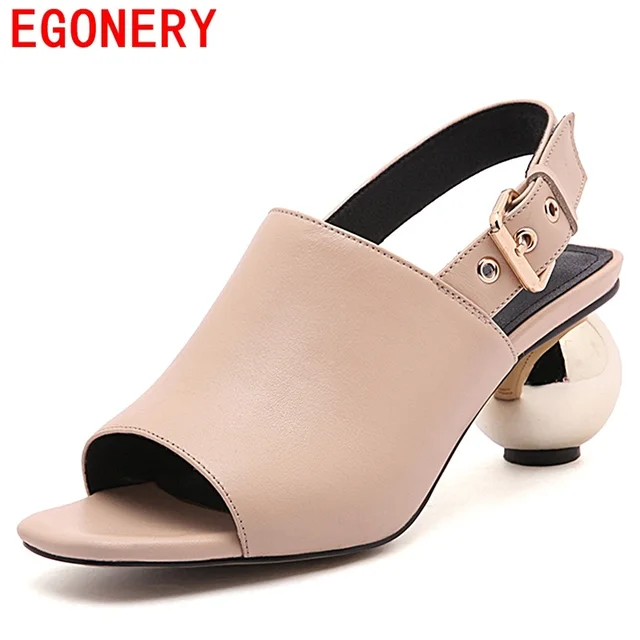 EGONERY women sandals shoes 2017 ladies spherical heel peep toe soft genuine leather woman black apricot heels sandals party