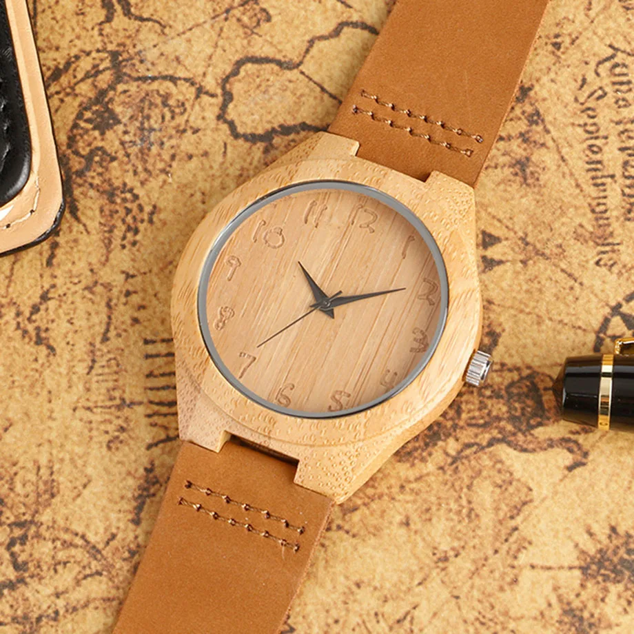 Popular Arabic Numbers Simple Wood Watches Brown Men Women Original Wooden Bamboo Wristwatch Handmade Clock Real Leather Strap (11)