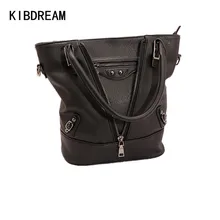KIBDREAM 2016 New Fashion Zipper Top Handle Single Shoulder Bag Fashion Black Bucket Bag Handbag Women Leather Handbags