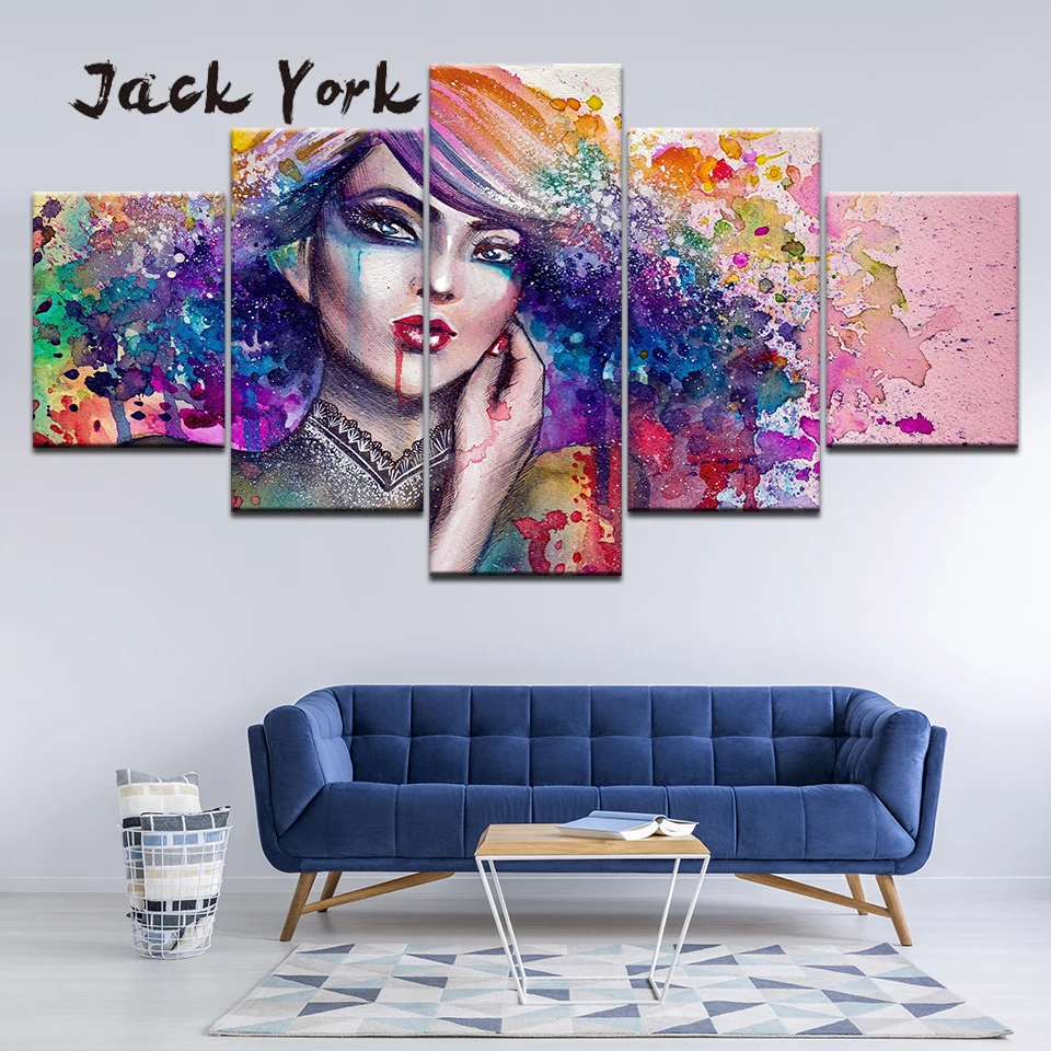 

Canvas Painting abstract portrait watercolor shy girl 5 Pieces Wall Art Painting Modular Wallpapers Poster Print Home Decor