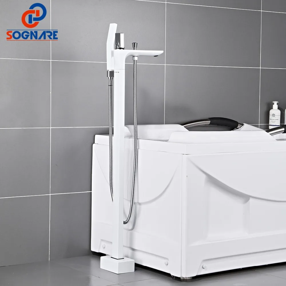 

SOGNARE Bathtub Floor Stand Faucet 360 Rotation Spout With Handshower Bath Mixer Shower Faucet Mixer Set White Bathroom Faucets