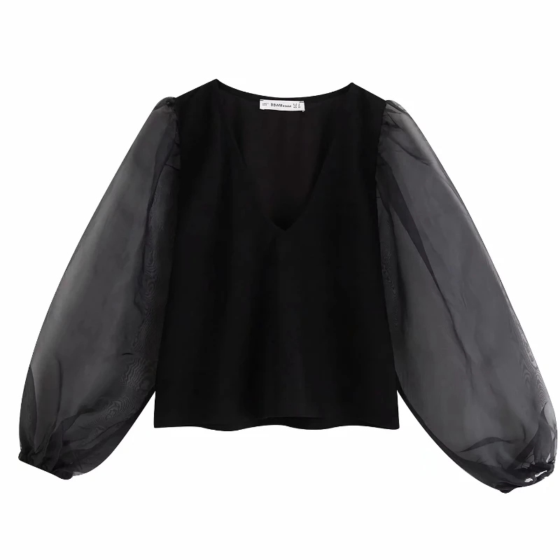 

new women fashion v neck organza lantern sleeve patchwork black Shirt blouses women simple roupas femininas chemise shirt LS3942