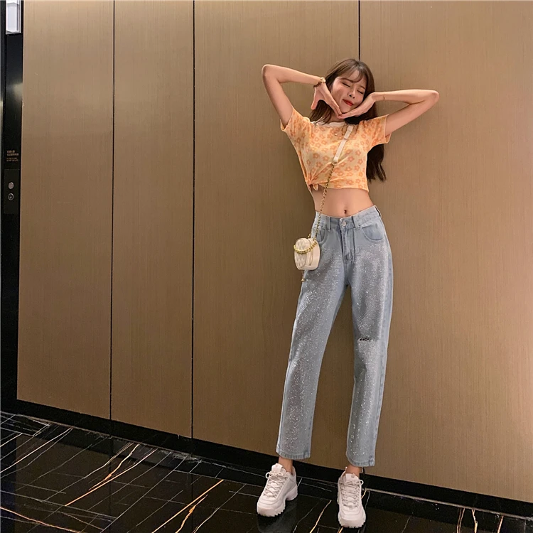 RUGOD Women blue denim pants hole diamond slim high wide leg pants new fashion female jeans femme ripped plus size glitter