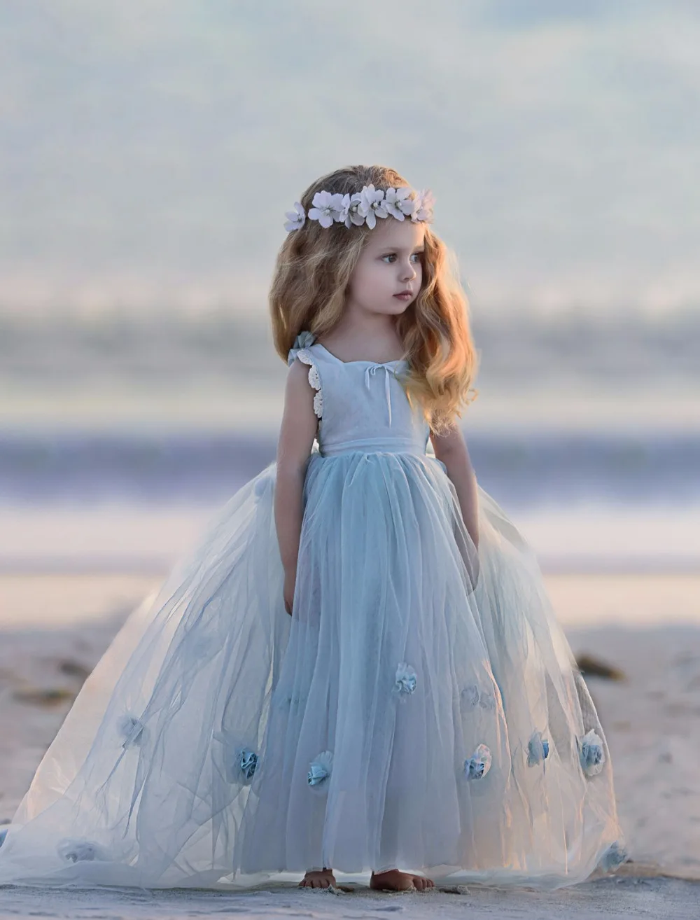 

Tulle Flower Girl Dress Kids Wedding Dress Ankle Length Appliques Kids Party Prom Dress First Communion Dresses HW2088