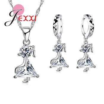 

Simple 925 Sterling Silver Wedding Jewelry Sets Cubic Zirconia CZ Dance Girl Necklace Earrings Brinocs El Collar