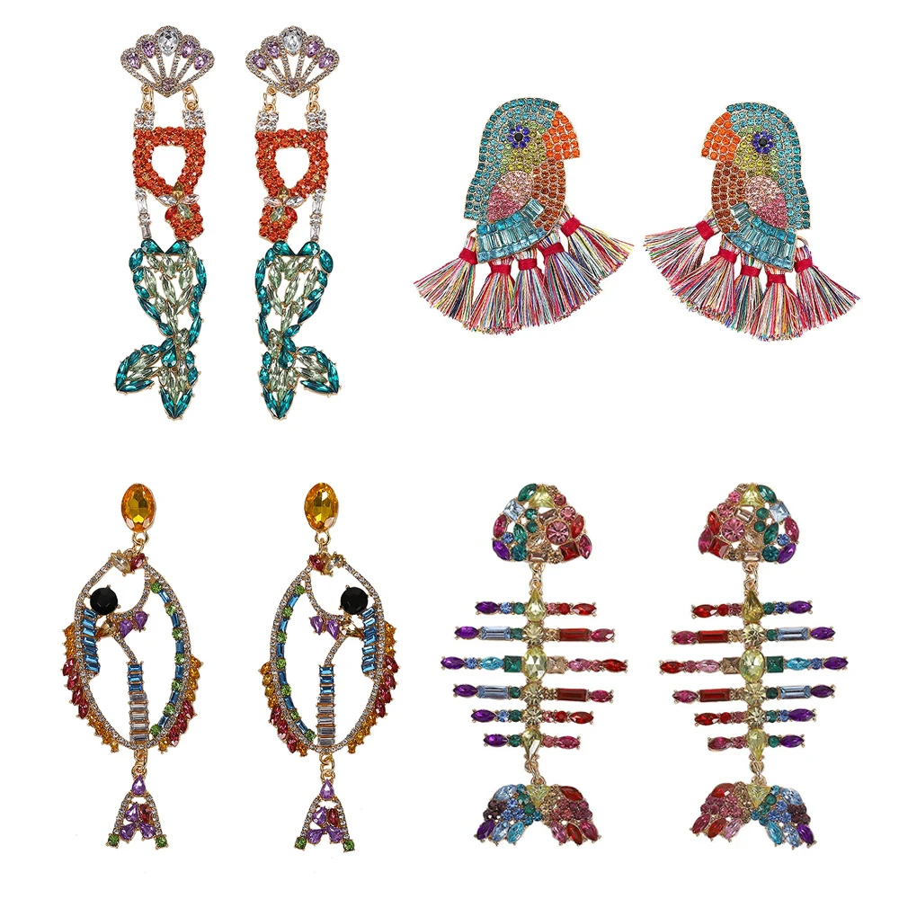 

Best lady Trendy Fish Bird Shaped Crystal Drop Earrings for Women Multi Color Brand Design Wedding Glass Fringed Dangle Earrings