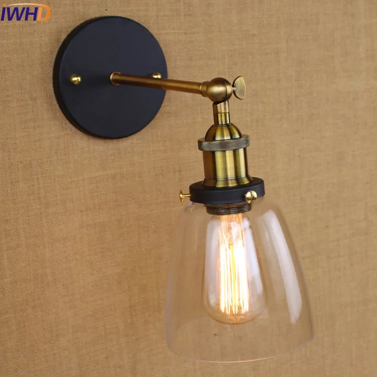 

IWHD Vintage Glass Led Wall Light Lamp Black Loft Reteo Iron Lighting Stairs Bedroom Wandlamp Angle Adjustable Arm Sconce BRA