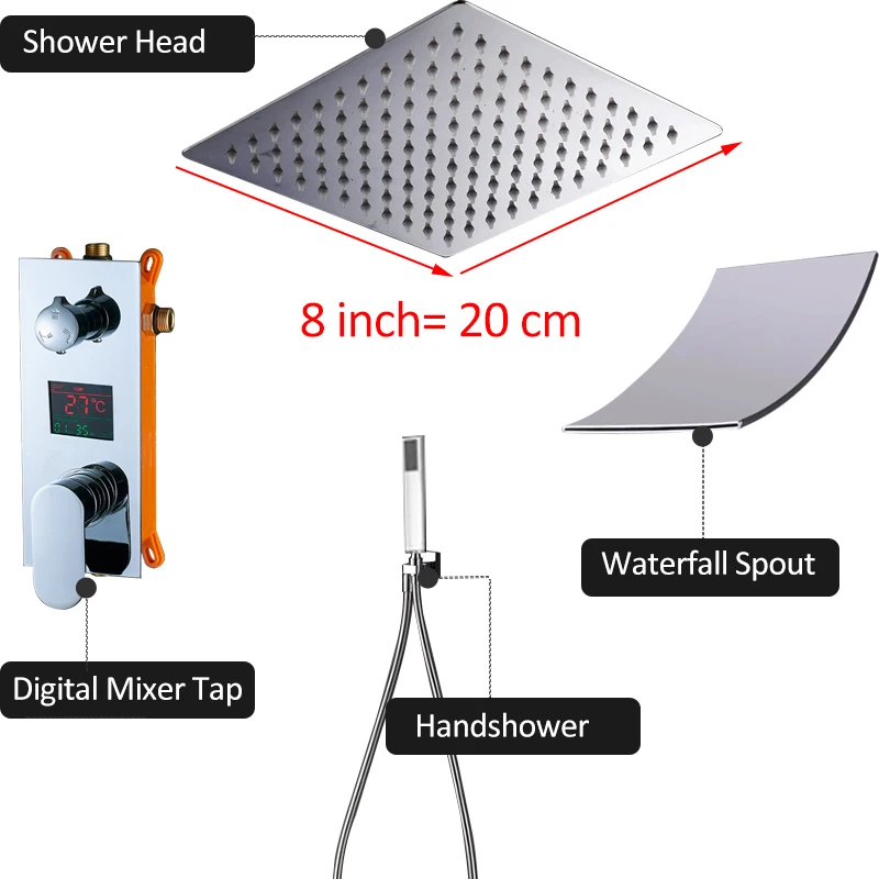 Quyanre 3-сторонний выход Цифровая для душевой кран потолочное крепление Дождь Насадки для душа цифровой Дисплей смеситель кран Водопад для душа и ванной раковины Torneira - Цвет: 8 inch