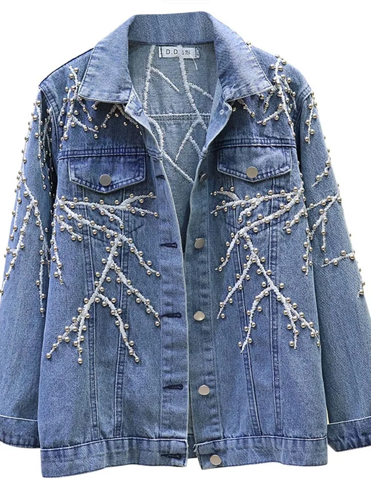 

Women Loose Denim Jacket Spring Casual Holes Jacket Womens Harajuku Plus Size Denim Coat Studded casual jacket