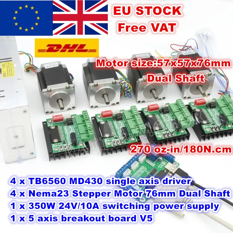 [RU/EU/US/CN по доставке] 4 оси Nema23 76 мм шаговый двигатель(двойной вал) 270Oz-in& MD430 водителя и 350W 24V Питание фрезерный станок с ЧПУ