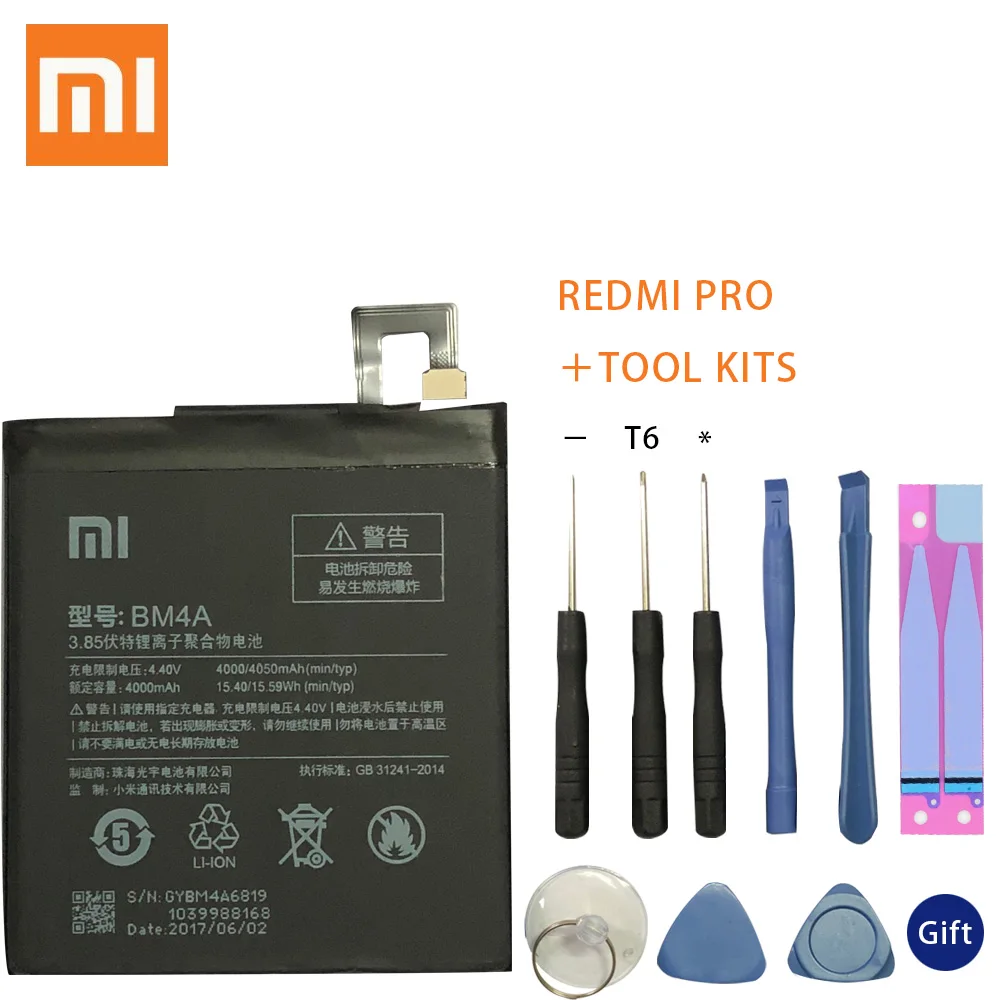 

Xiao Mi Original Phone Battery BM4A for Xiaomi Hongmi Redmi Pro 4000mAh Replacement Batteries Retail Package Free Tools