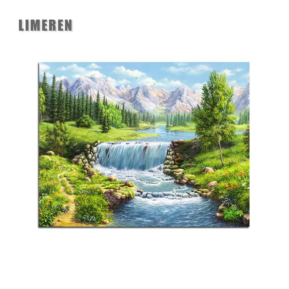 

Frameless Green Forest River DIY Painting By Numbers Modern Wall Art Landscape Picture Paint By Numbers For Home Decor