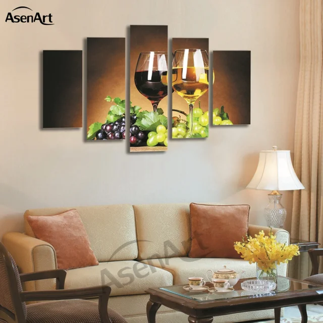 5 Panel Wall Art Fruit Grape Wine Glass Picture for Kitchen Living Room