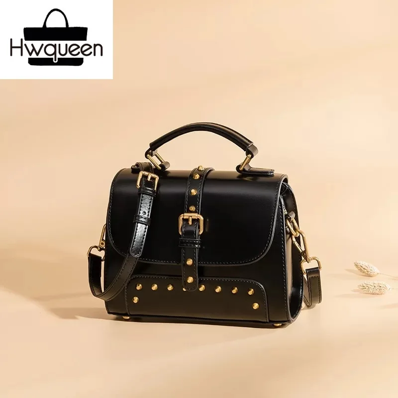 

Studs Designer Cover Closure Female Doctor Purse Genuine Leather Woman Shoulder Bag Cowhide Ladies Small Handbag Messenger Bag