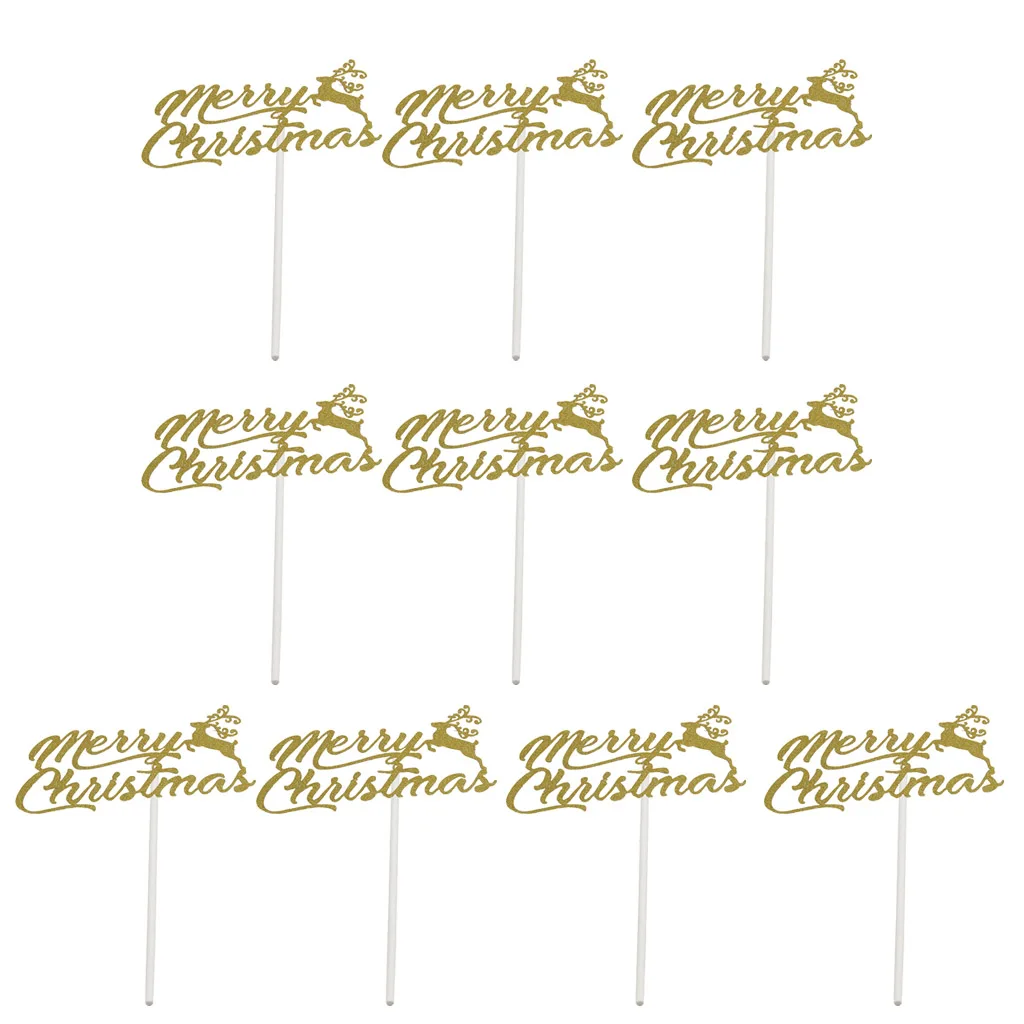 10pcs Merry Christmas Deer Elk Celebration Wedding Cake Topper Cupcake Inserts Reception Decoration Toppers 