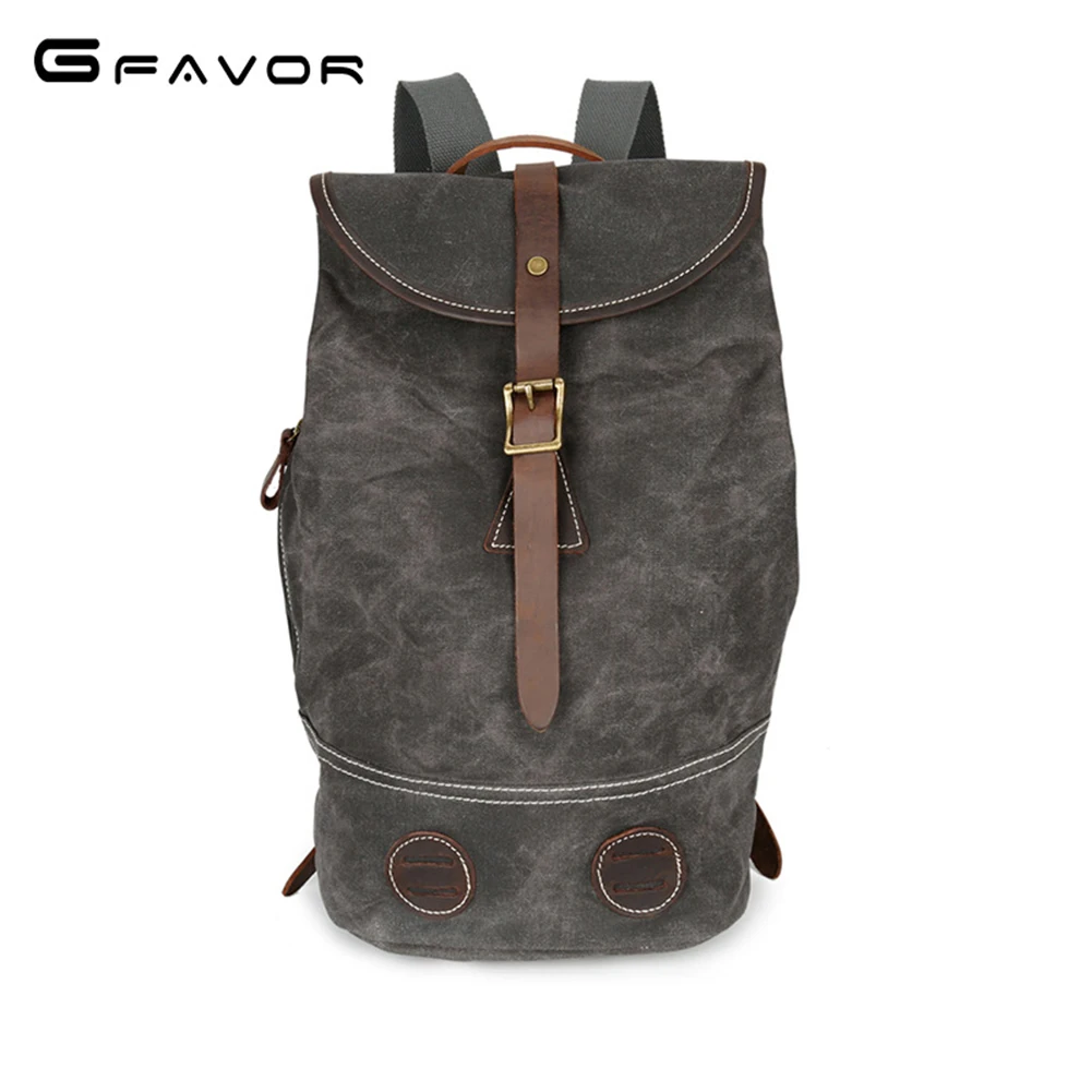 

G-FAVOR Bucket Style Backpack Men Canvas&Crazy Horse Leather Shoulder Bag Vintage Travel Bags Mens Large Capacity