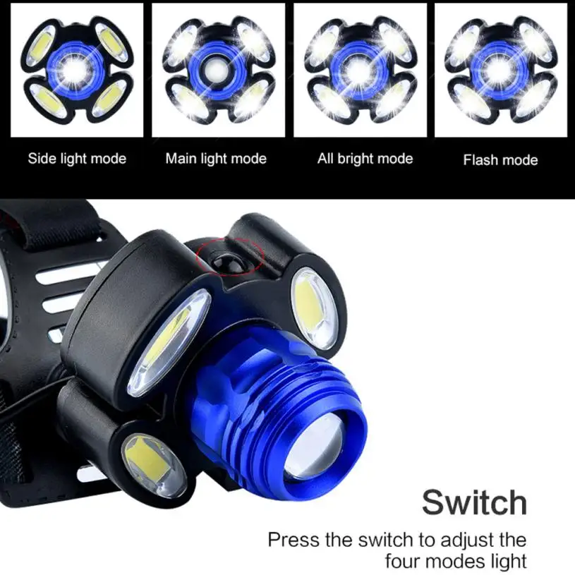 Яркость 5000LM 1x XM L T6 LED + 4xcob Перезаряжаемый 18650 налобный фонарь Регулируемый ночной