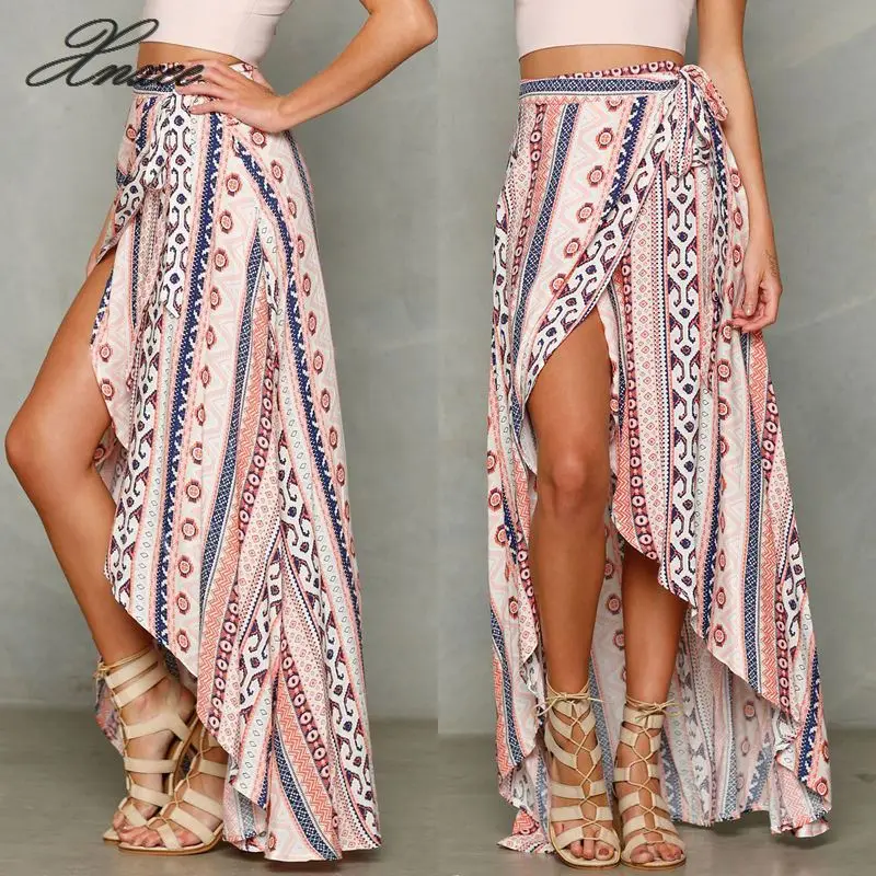 

Women Summer Boho Bandage Chiffon Split Skirt Long Beach Skirts Summer Print Women Clothes Hot Sale