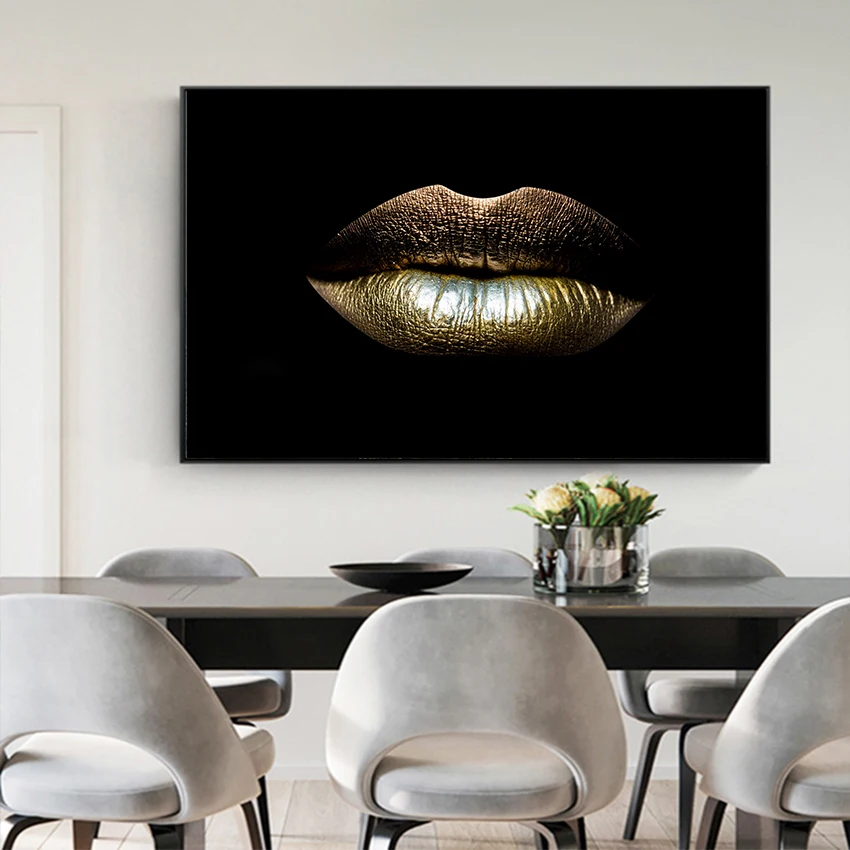 Modern Pictures Black White Sexy Charming Woman Gold Lips Canvas Painting Wall Art For Living Room Home Decor Posters and Prints