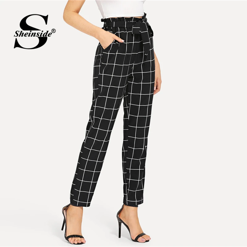 Sheinside Plaid Self Belted Ladies Work Pants Waist Knot Pocket Grid Black and White 2018 Women Autumn High Waist Trousers Pants