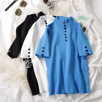 

Women Summer Fashion Concise Slim Fit Solid Color Round Collar Short Sleeve Sweater