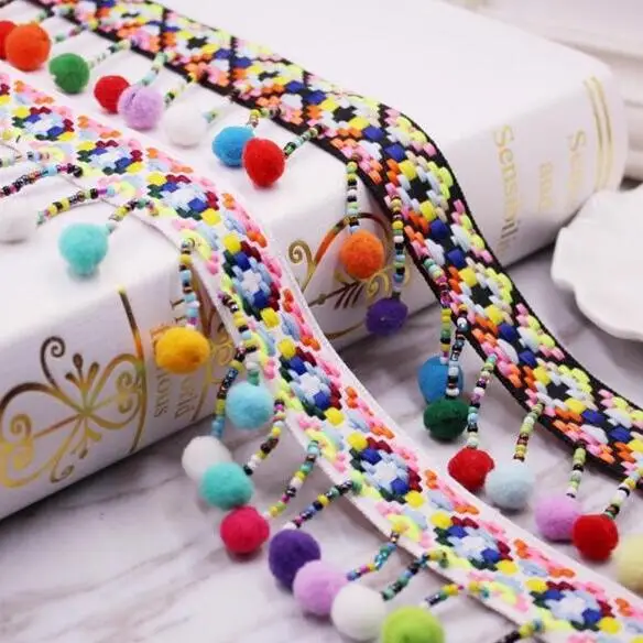 

20yards Bohemian Jacquard Embroidery Lace Ribbons Ball Tassel Lace Fringe Trims Pompom Beads Pendant Collars Curtain Accessories