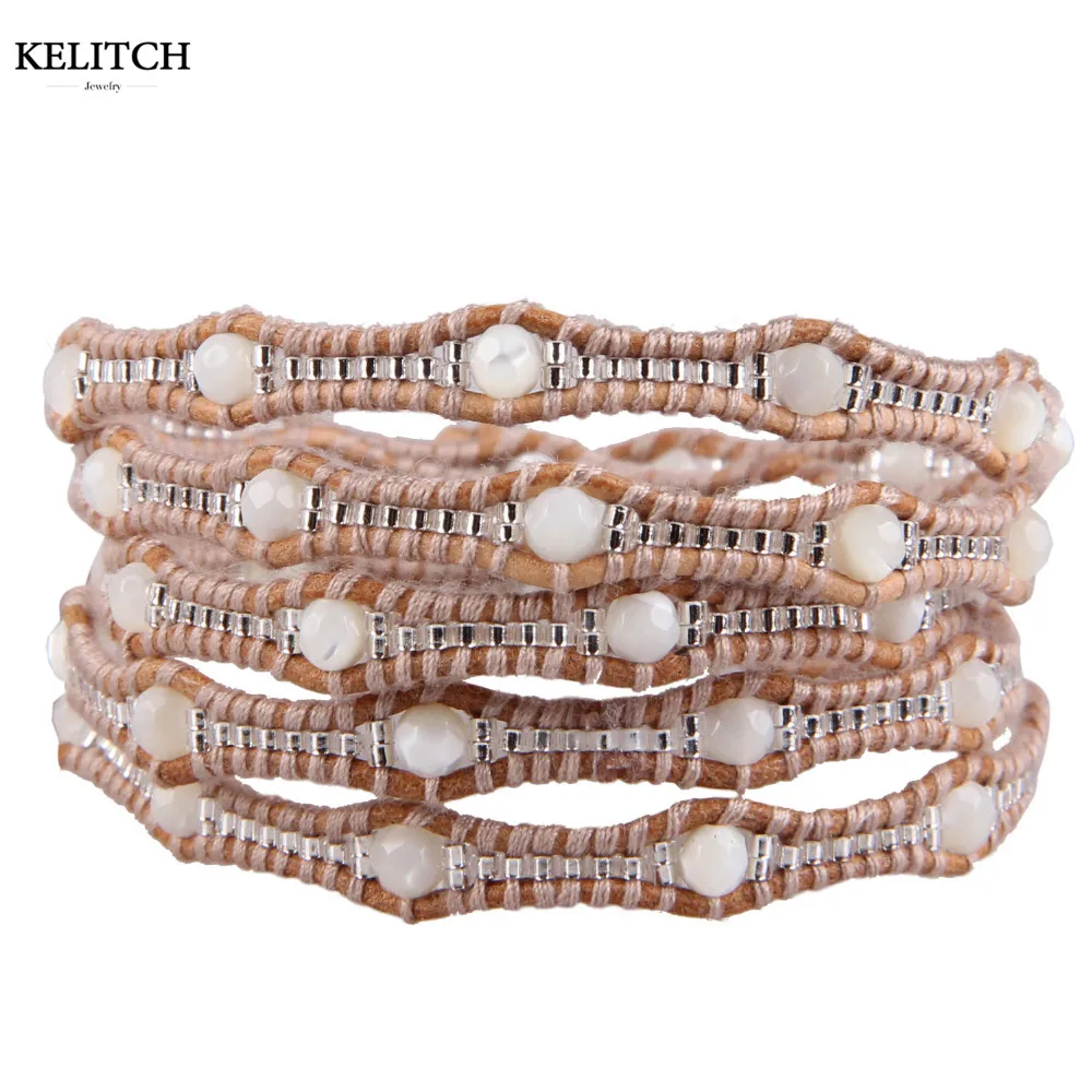 

KELITCH Leather Wrap Boho Multilayer Wide Cuff Handmade Wristbands Wrist Braided Silver Buckle Casual Bangle Bracelet for Unisex