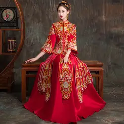 Красный Традиционный китайский стиль невесты Свадебные платья вышивка cheongsam платье халат Вечерние вечернее платье жениться Qipao Vestido S-XXL